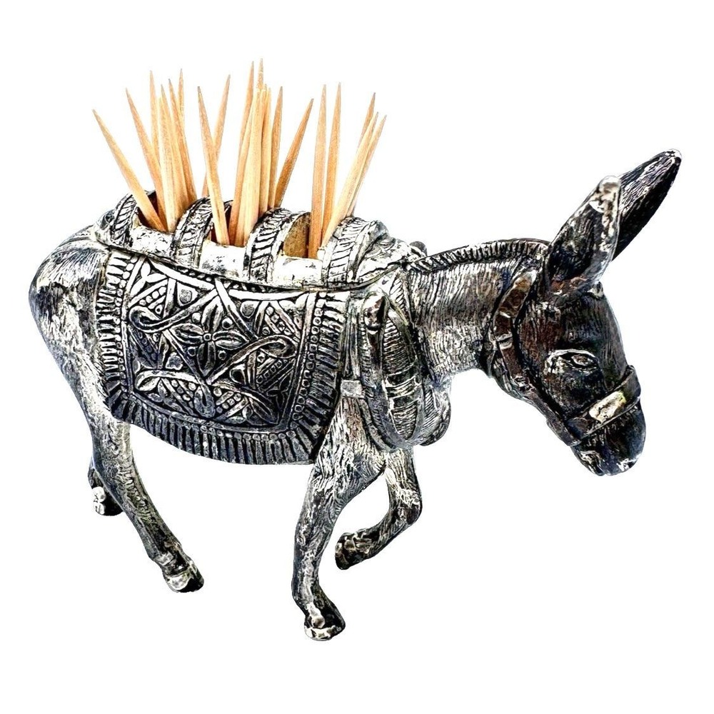 Metal Donkey Toothpick or Match Holder Figurine Silver Burro Detailed Unique Vtg